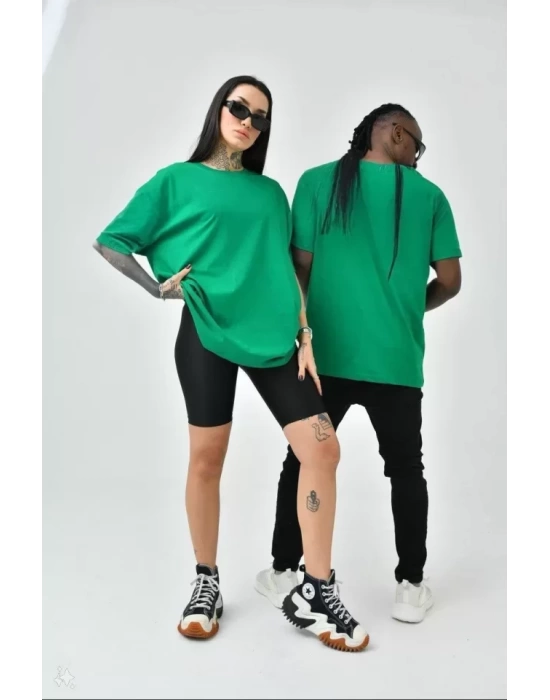 Unisex Basic Bisiklet Yaka Oversize T-Shirt - Yeşil