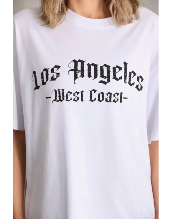 Unisex Baskılı Oversize T-Shirt - Beyaz