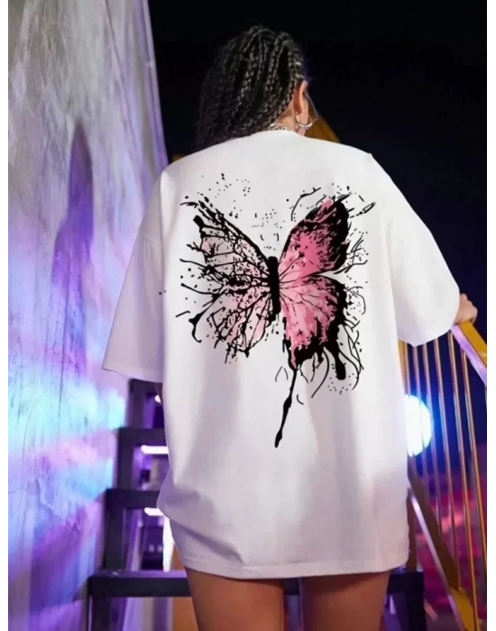 Unisex Baskılı Oversize T-Shirt - Beyaz