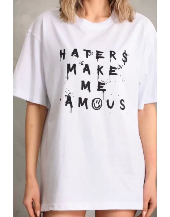 Unisex Baskılı Oversize T-Shirt - Beyaz
