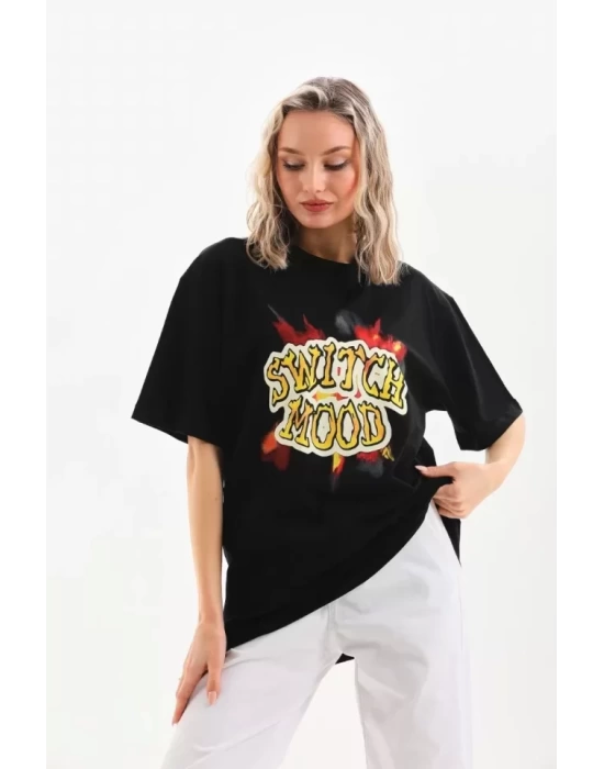 Unisex Baskılı Oversize T-Shirt - Siyah