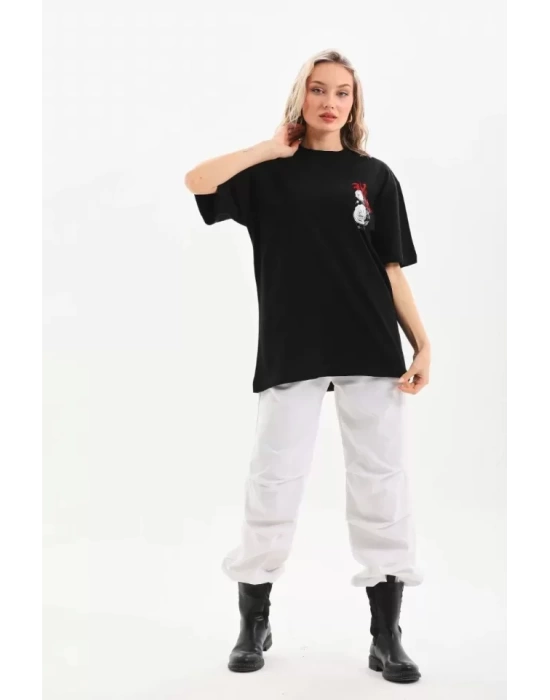 Unisex Baskılı Oversize T-Shirt - Siyah