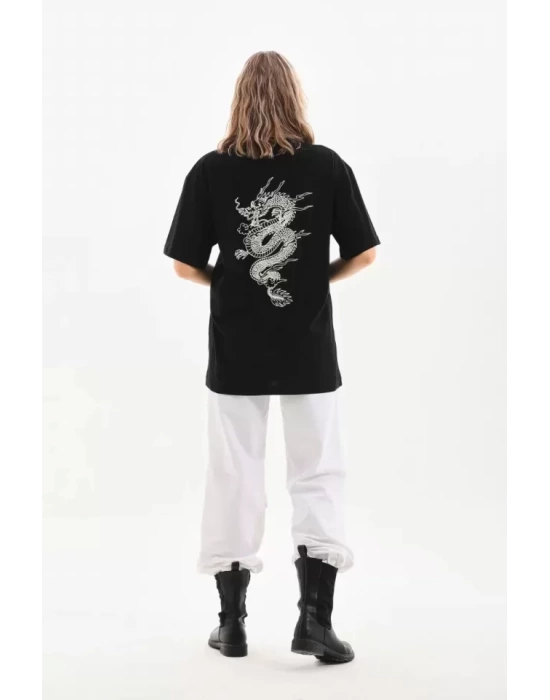 Unisex Baskılı Oversize T-Shirt - Siyah