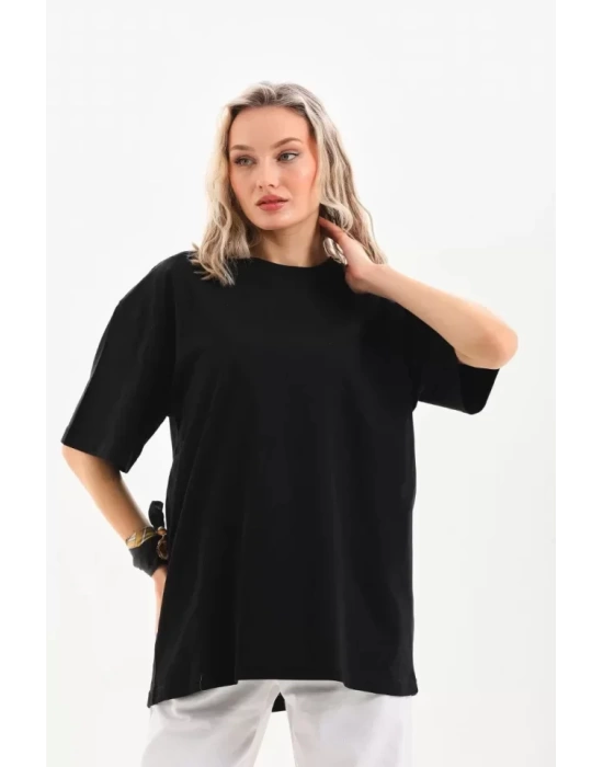 Unisex Bisiklet Yaka 20/1 Düz Oversize T-Shirt - Siyah