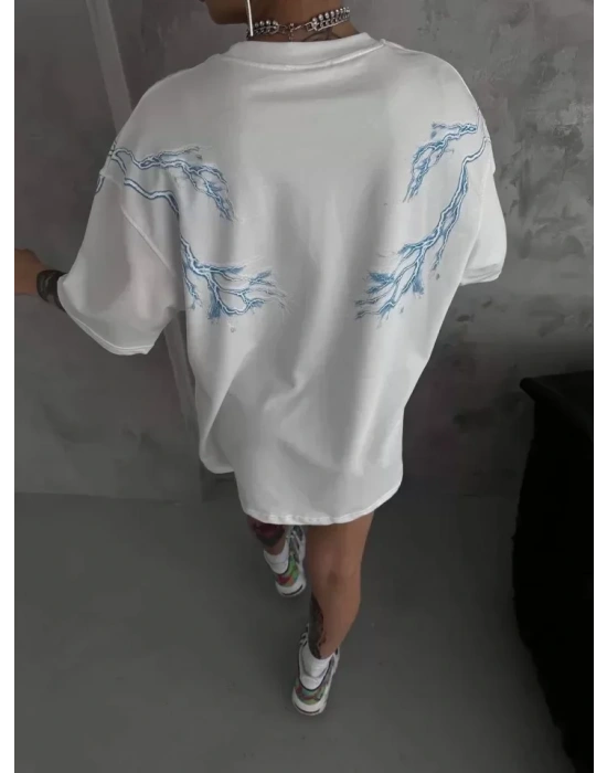 Unisex Bisiklet Yaka Baskılı Oversize T-Shirt - Beyaz