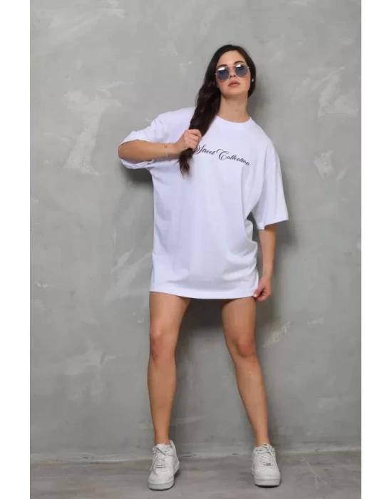 Unisex Bisiklet Yaka Baskılı Oversize T-Shirt - Beyaz