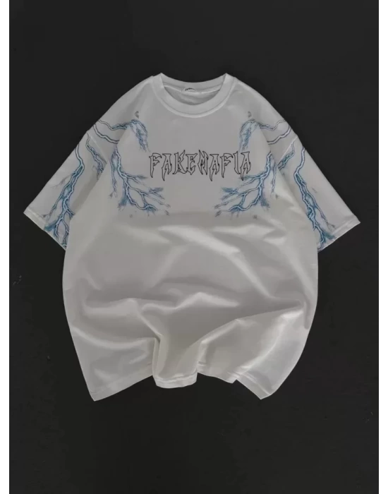 Unisex Bisiklet Yaka Baskılı Oversize T-Shirt - Beyaz