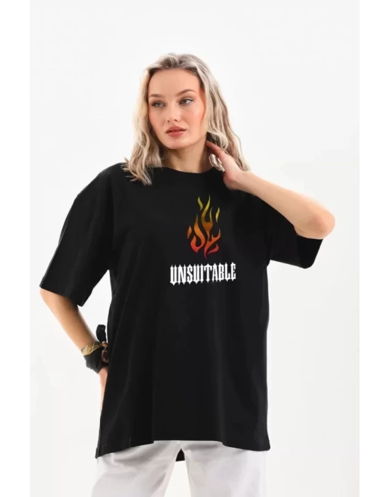 Unisex Bisiklet Yaka Baskılı Oversize T-Shirt - Siyah