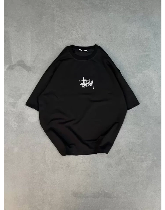 Unisex Bisiklet Yaka Baskılı Oversize T-Shirt - Siyah
