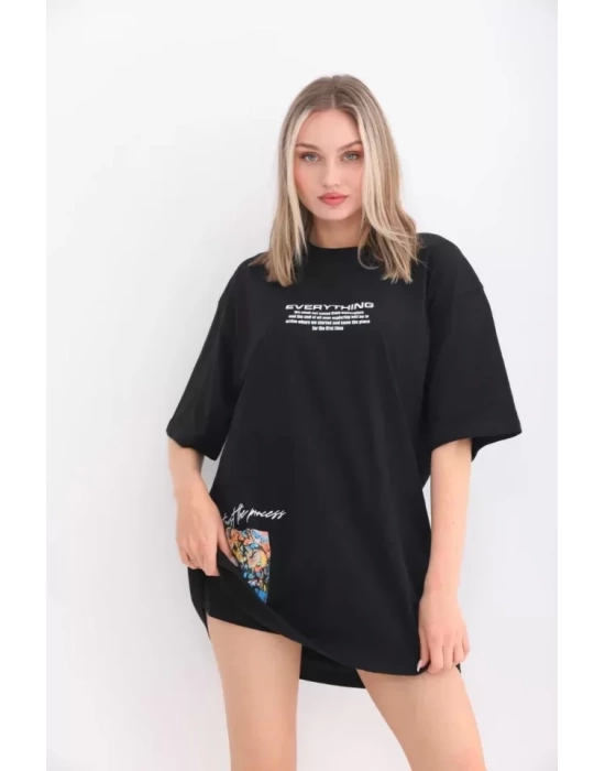 Unisex Bisiklet Yaka Baskılı Oversize T-Shirt - Siyah