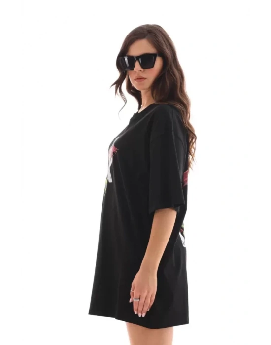 Unisex Bisiklet Yaka Baskılı Oversize T-Shirt - Siyah