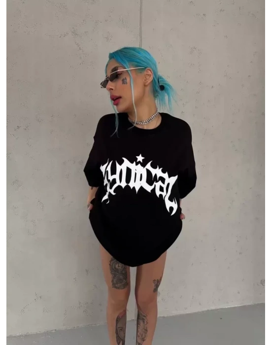 Unisex Bisiklet Yaka Baskılı Oversize T-Shirt - Siyah