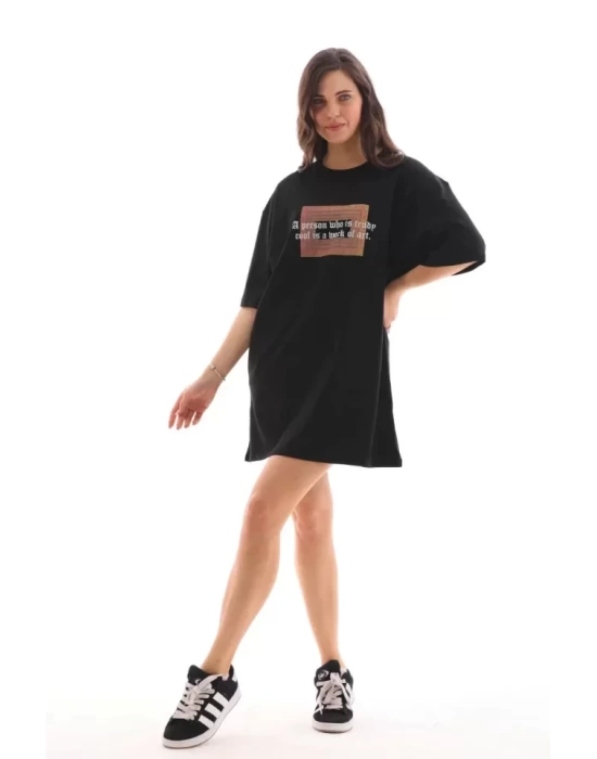 Unisex Bisiklet Yaka Baskılı Oversize T-Shirt - Siyah