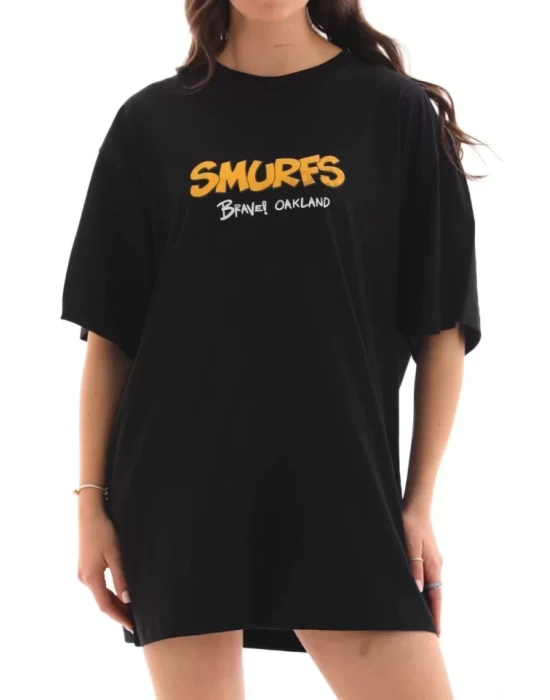 Unisex Bisiklet Yaka Baskılı Oversize T-Shirt - Siyah