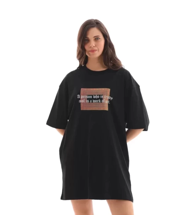 Unisex Bisiklet Yaka Baskılı Oversize T-Shirt - Siyah