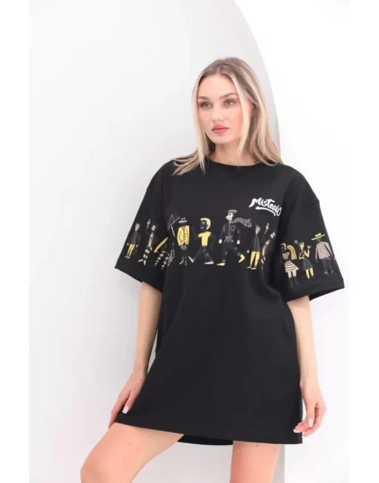 Unisex Bisiklet Yaka Baskılı Oversize T-Shirt - Siyah