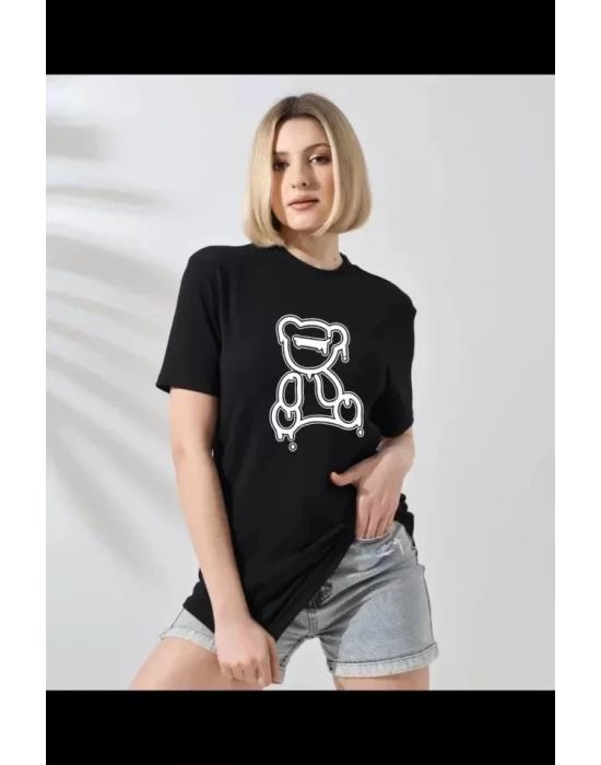 Unisex Bisiklet Yaka Baskılı T-Shirt - Siyah