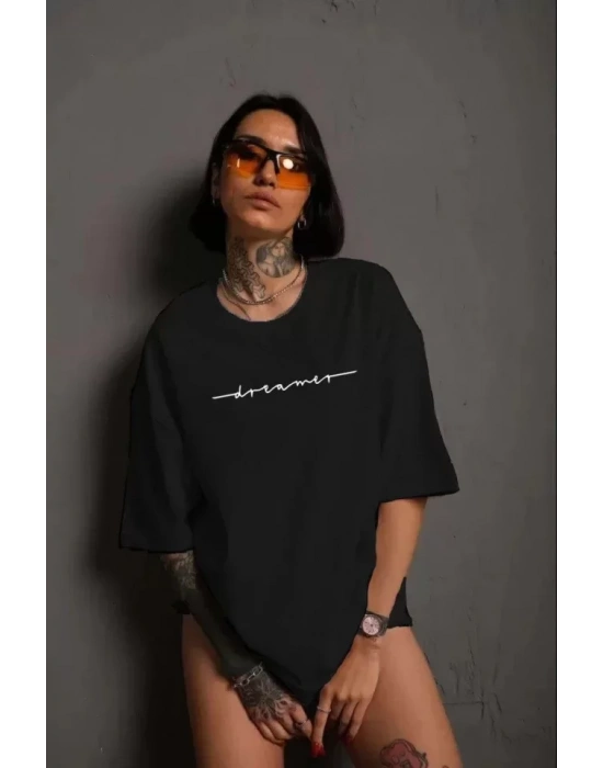 Unisex Bisiklet Yaka Baskılı T-Shirt - Siyah