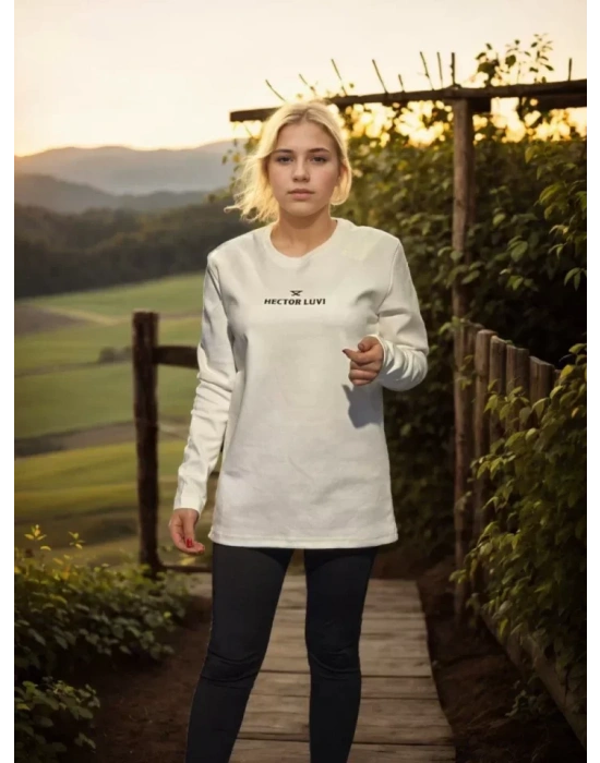 Unisex Bisiklet Yaka Uzun Kollu T-Shirt - Beyaz
