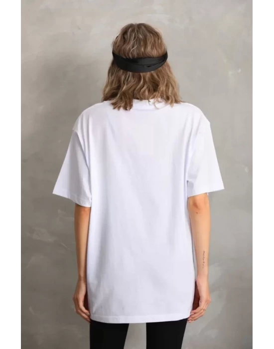 Unisex Taş Desenli Oversize T-Shirt - Beyaz