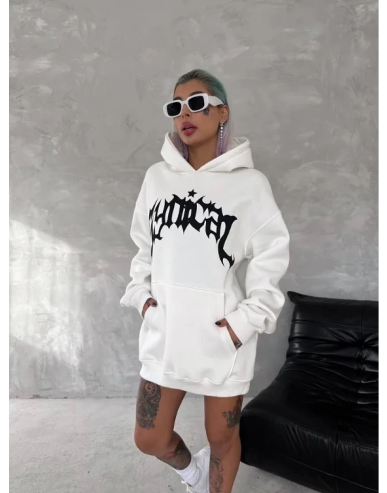 Unisex Üç İplik Kapşonlu Baskılı SweatShirt - Beyaz