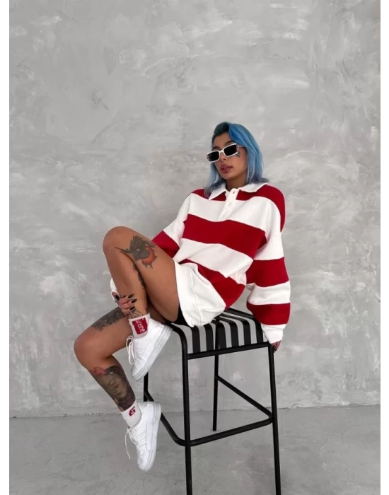 Unisex Üç İplik Parçalı Yakalı SweatShirt - Kırmızı