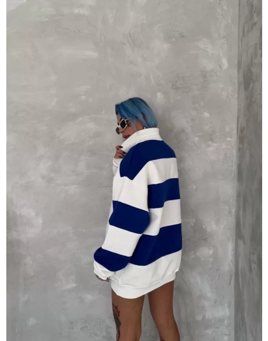 Unisex Üç İplik Parçalı Yakalı SweatShirt - Mavi