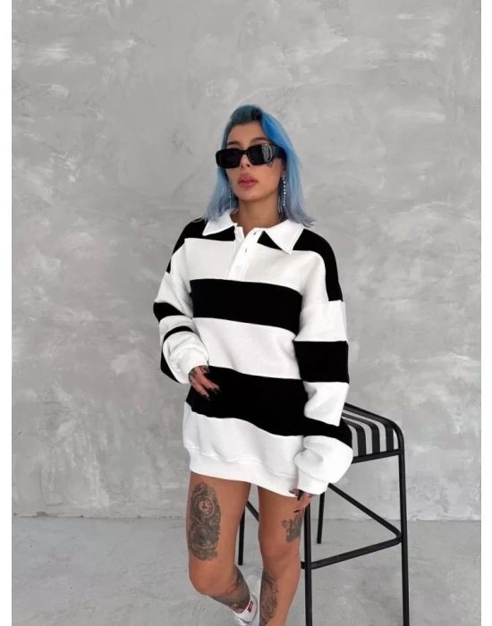Unisex Üç İplik Parçalı Yakalı SweatShirt - Siyah