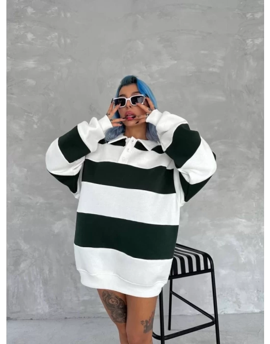 Unisex Üç İplik Parçalı Yakalı SweatShirt - Yeşil