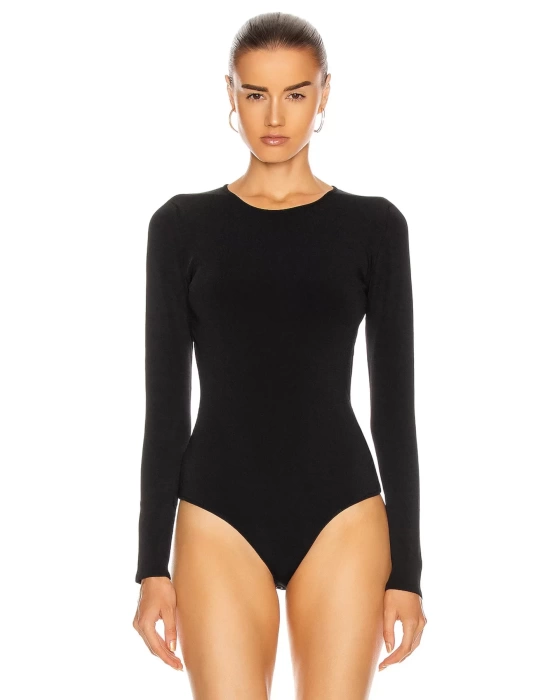 bysoca Kadın Siyah Bisiklet Yaka Uzun Kollu Sırt Dekolteli İpek Jarse Tanga Bodysuit