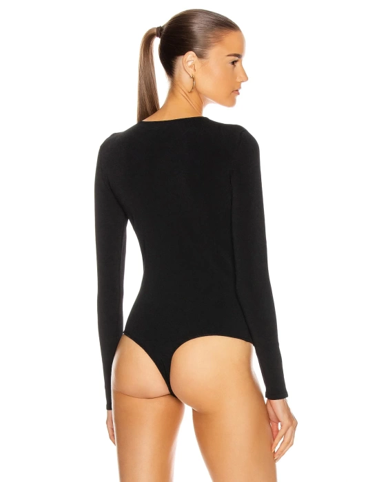 bysoca Kadın Siyah Bisiklet Yaka Uzun Kollu Sırt Dekolteli İpek Jarse Tanga Bodysuit