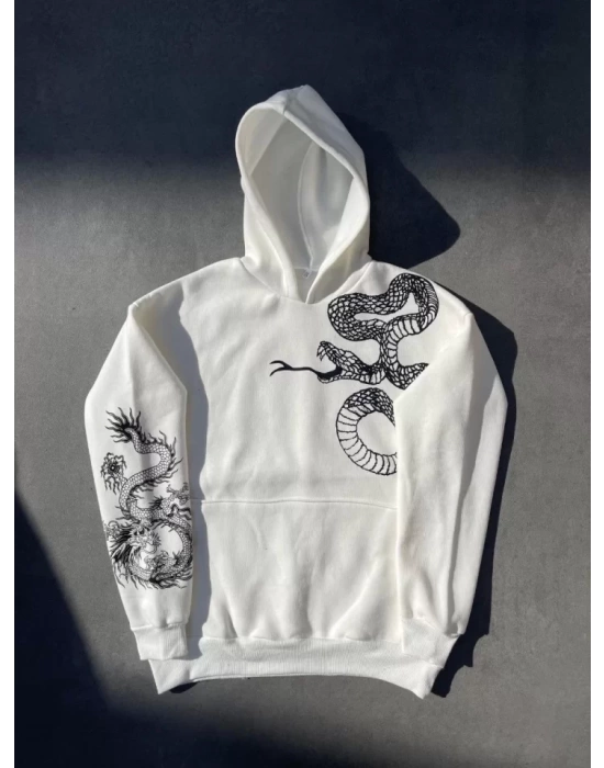 Uzun Kol Kapşonlu Baskılı SweatShirt - Beyaz