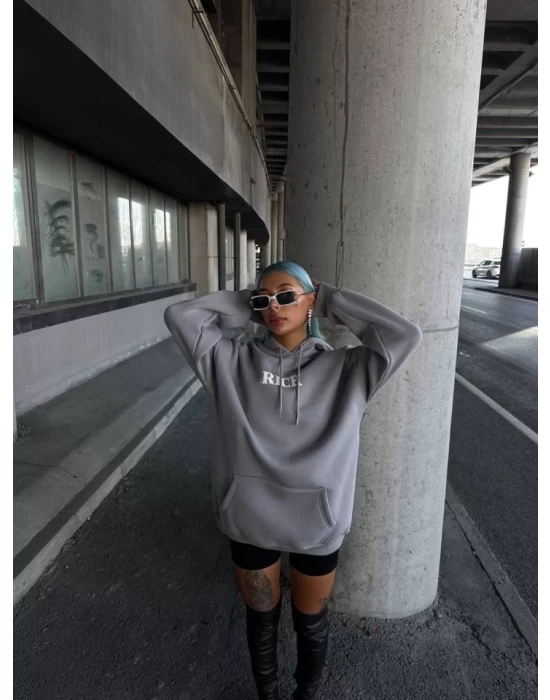 Uzun Kol Kapşonlu Göğüs Baskılı SweatShirt - Gri