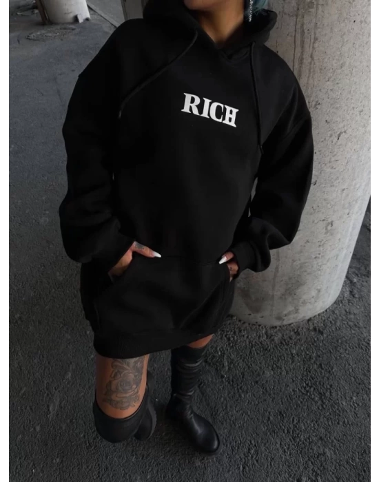 Uzun Kol Kapşonlu Göğüs Baskılı SweatShirt - Siyah