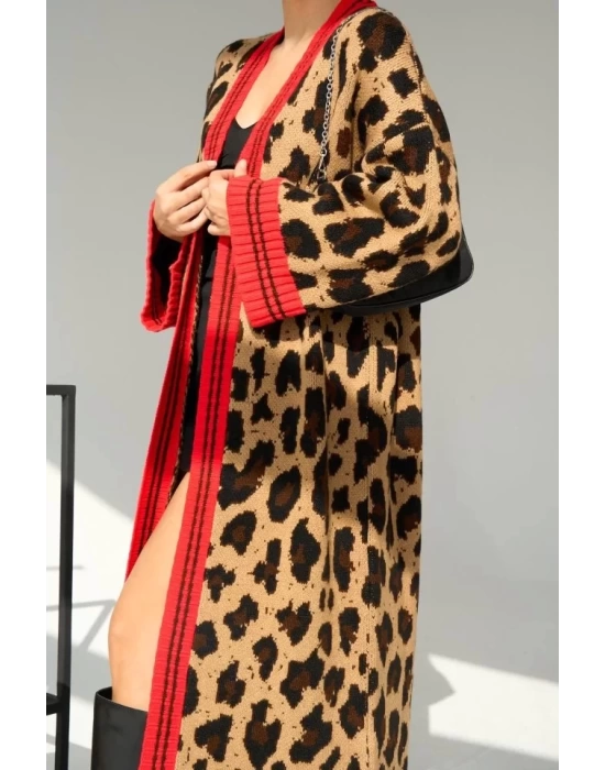 Uzun Leopar Hırka - Camel-Mavi