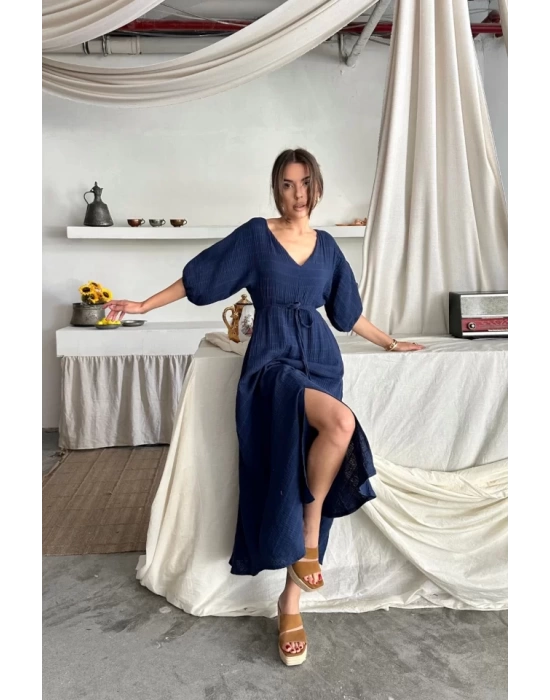V YAKA BEL BONCUK BAĞLAMALI MÜSLİN ELBİSE YIRTMAÇ DETAYLI - Lacivert