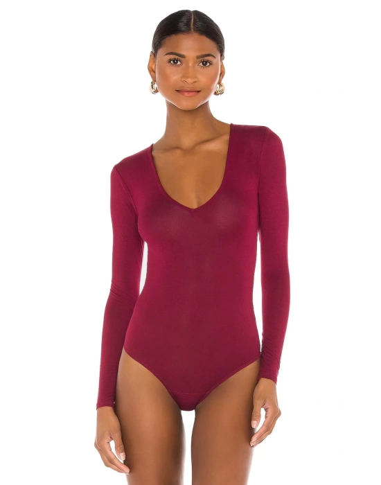 bysoca Kadın Bordo V Yaka Uzun Kol İpek Jarse Vücudu Saran Basic Bodysuit