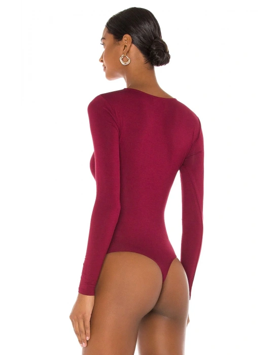 bysoca Kadın Bordo V Yaka Uzun Kol İpek Jarse Vücudu Saran Basic Bodysuit