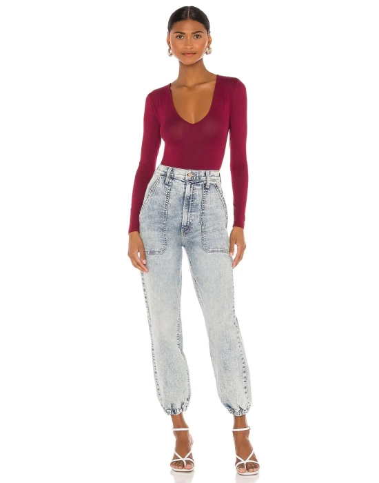 bysoca Kadın Bordo V Yaka Uzun Kol İpek Jarse Vücudu Saran Basic Bodysuit