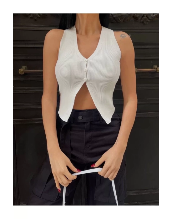 bysoca Kadın Krem V Yaka Düğme Detaylı Asimetrik Kesim Fitilli Triko Yelek Crop Top