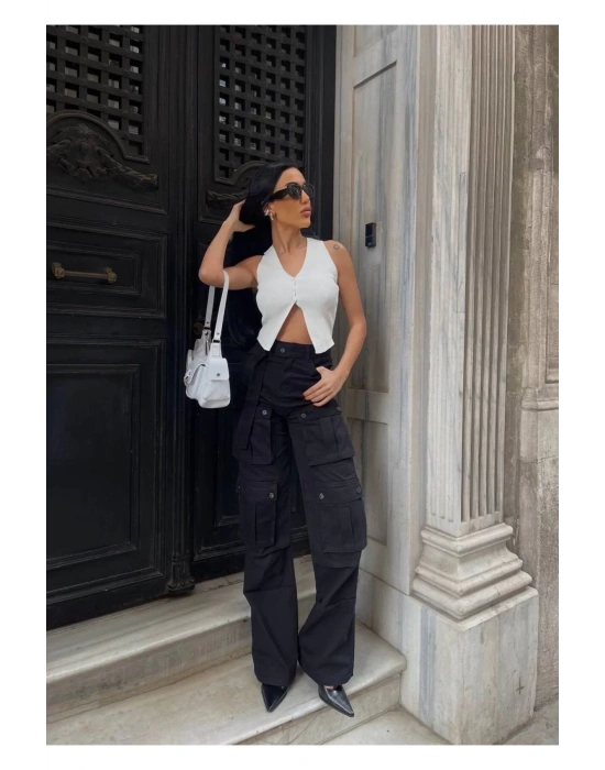 bysoca Kadın Krem V Yaka Düğme Detaylı Asimetrik Kesim Fitilli Triko Yelek Crop Top