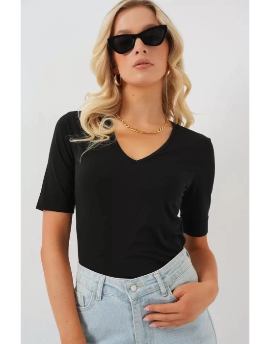 V Yaka Kısa Kol Basic Bluz 955 - Siyah