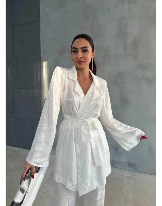 VİSKON JAKARLI BAĞLAMALI GÖMLEK - PANTOLON TAKIM - Beyaz