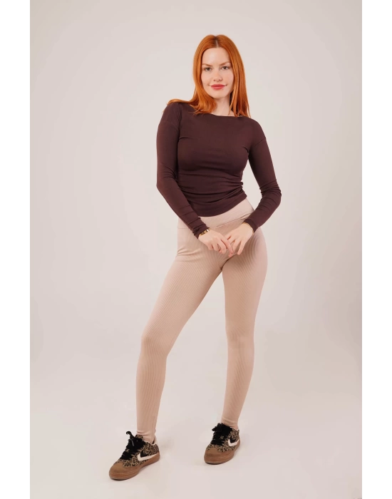 Yaka Detay Uzun Kollu Basic Kahverengi Bluz