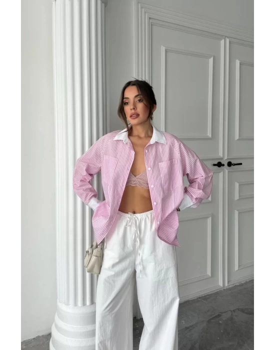 YAKA VE MANŞET BEYAZBOYFRİEND ÇİZGİLİPOPLİN GÖMLEK - Pembe
