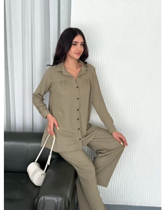 Yakalı Düğmeli Uzun Kollu Gömlek Pantolon Ikili Takım - Bej