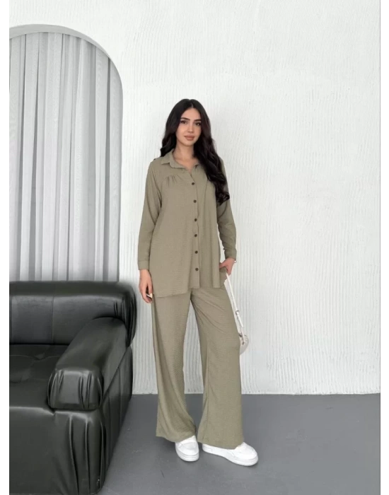 Yakalı Düğmeli Uzun Kollu Gömlek Pantolon Ikili Takım - Bej