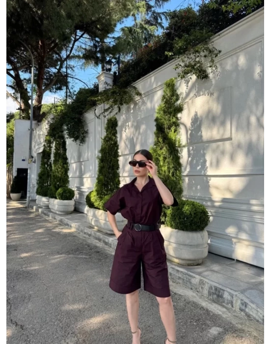 Yakalı Gömlek Kemerli Şortlu Takım - Bordo