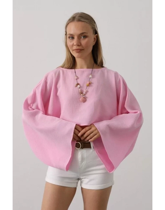 YARASA KOLLU CROP BLUZ - Pembe