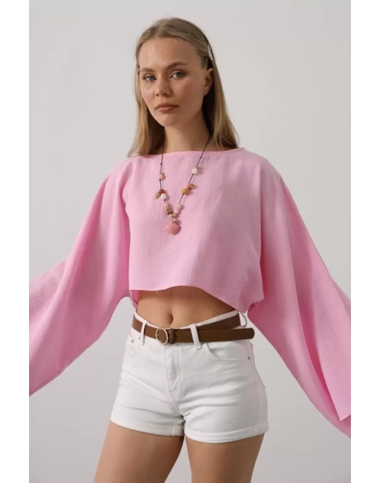 YARASA KOLLU CROP BLUZ - Pembe